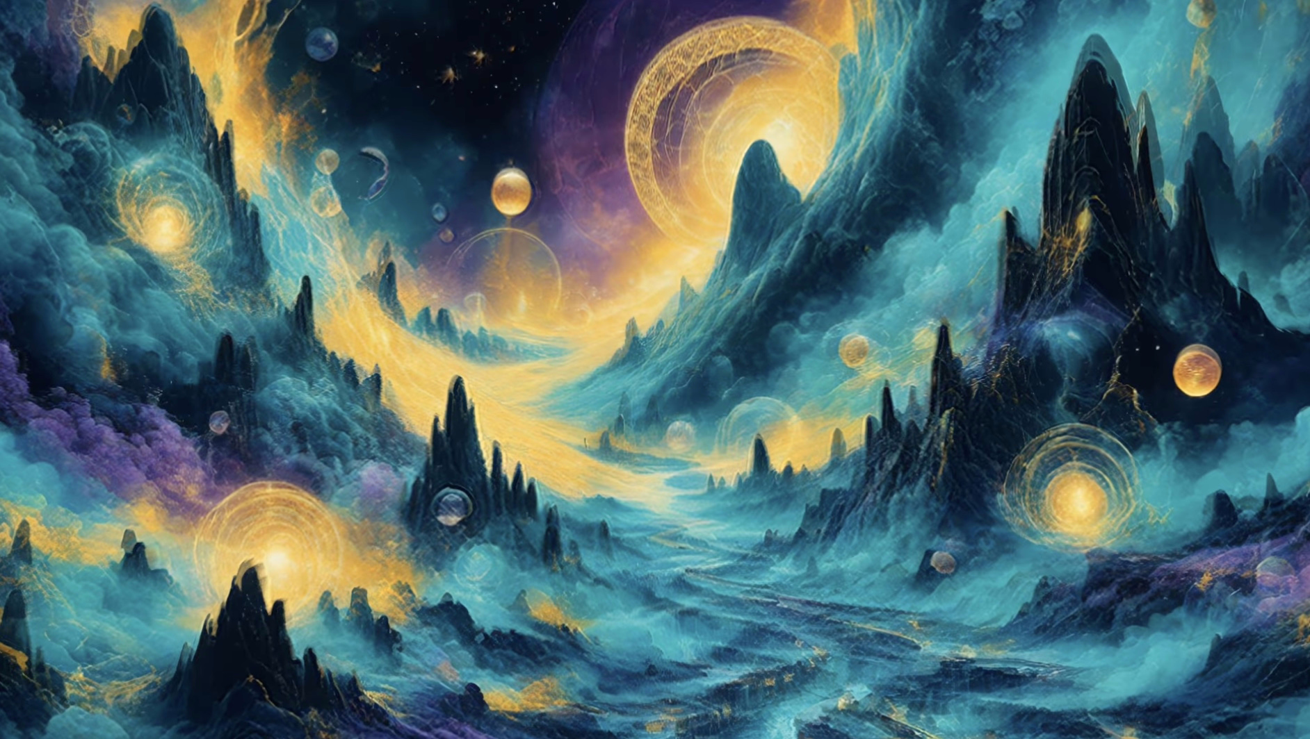 LSD visuals art for relaxing with golden rings over mountains